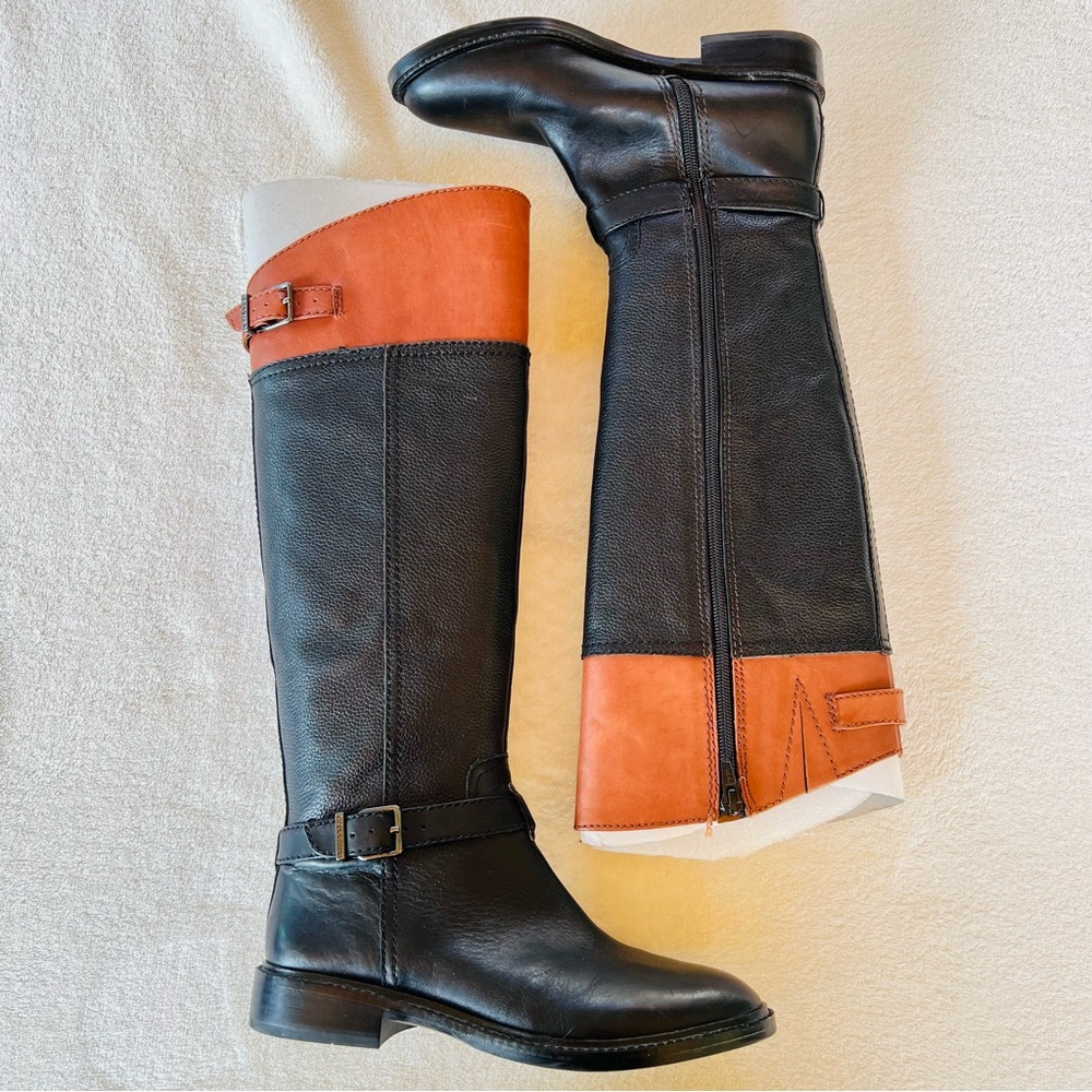 GIANNI BINI TALL KNEE HIGH BLACK BROWN RIDING BOOTS FLAT HEEL SIZE 6 NWT